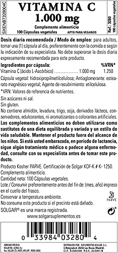 Solgar Vitamin C 1000 mg, 100 Vegetable Capsules - Antioxidant and Immune Support - Overall Health - Healthy Skin and Joints - Bioflavonoids Supplement - 100 Servings