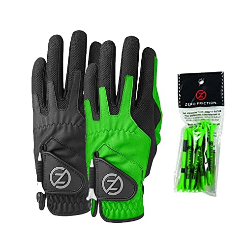 Zero Friction Male Men's Compression-Fit Synthetic Golf Glove (2 Pack), Universal Fit Black/Lime, One Size (GL00107)