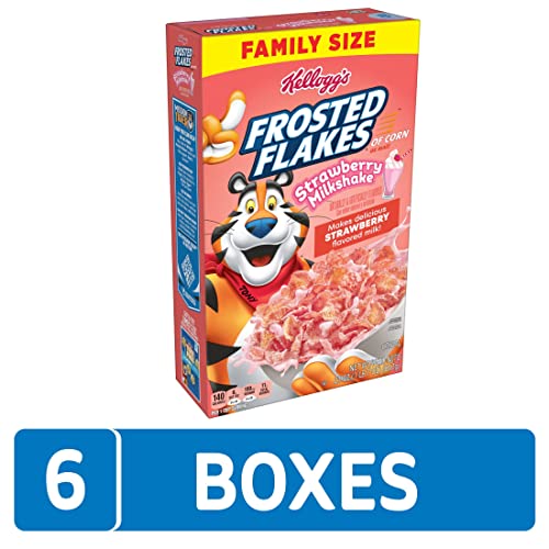 Frosted Flakes Cold Breakfast Cereal, 8 Vitamins and Minerals, Kids Snacks, Family Size, Strawberry Milkshake (6 Boxes)