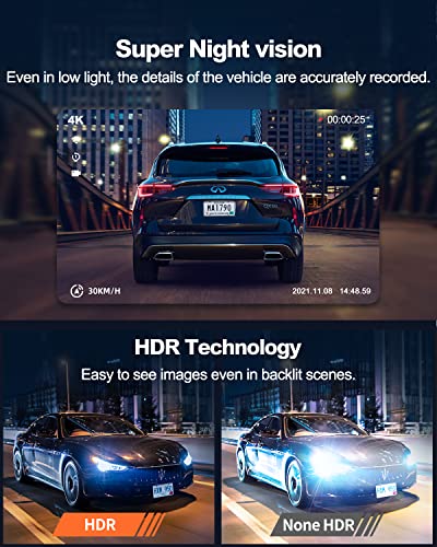 Yeecore 4K Dual Dash Cam 5G WiFi GPS, Real 4K+HDR 1080P Dash Cam Front and Rear, 3' LCD Super Night Vision, Parking Mode, Dash Camera for Cars with App, G-Sensor, Accident Record, Support 512GB Max