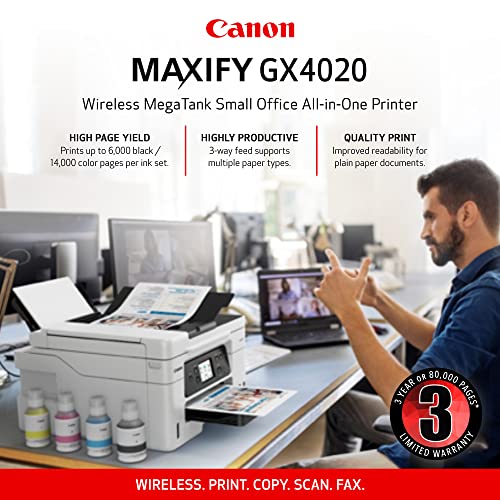Canon Megatank GX4020 All-in-One Wireless Supertank Printer with Print, Copy, Scan and Fax | Auto Document Feeder | Mobile Printing | 2.7' LCD Touch Screen