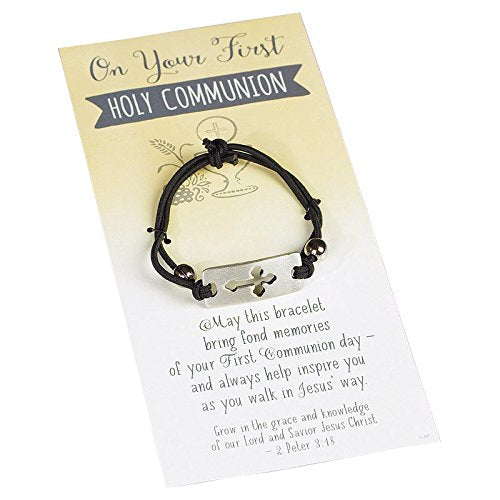 Black Stretch Bracelet with Silver Cross Charm - Gift for First Holy Communion, Baptism, Confirmation, or Christening, Religious Jewelry, One Size Fits Most