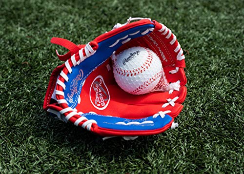 Rawlings Players Series Youth Tball/Baseball Glove with Ball, Right Hand Throw, Red/Blue, 9 Inch (Ages 3-5)