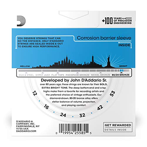 D'Addario Guitar Strings - Acoustic Guitar Strings - 80/20 Bronze - For 6 String Guitar - Deep, Bright, Projecting Tone - EJ11-3D - Light, 12-53 - 3-Pack