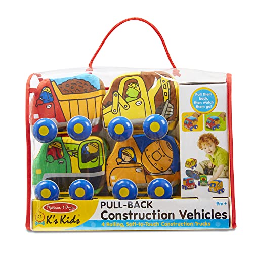 Melissa and Doug Pull-Back Construction Vehicles - Soft Baby Toy Play Set of 4 Vehicles - Cars For Infants, Construction Toys, Pull Back Cars For Babies Ages 9m+