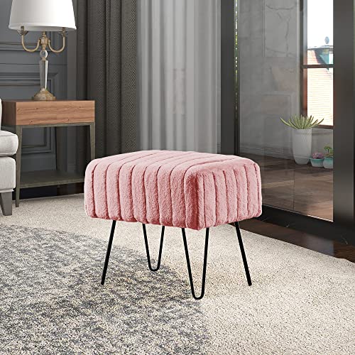 Home Soft Things Super Mink Faux Fur Pink Ottoman Bench, 19' x 13' x 17', Rose Smoke, Living Room Foot Rest Stool Entryway Makeup Bench End of Bed Bedroom Home Decor Chair for Sitting