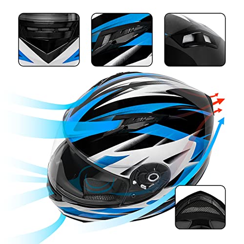 VCAN VX Lightweight Full Face Motorcycle Street Bike Helmet with Extra Tinted Visor DOT and ECE 22.05 Approved (Gloss Black Stream Blue, Large)