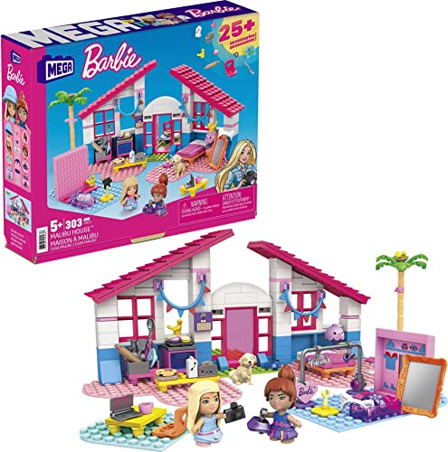 MEGA Barbie Building Toys Playset, Malibu Dream House with 303 Pieces, 2 Micro-Dolls, Accessories and Furniture, 3 Pets