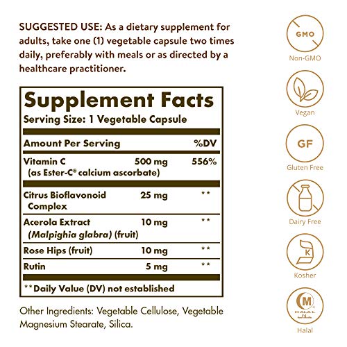 Solgar Ester-C Plus 500 mg Vitamin C (Ascorbate Complex) - Gentle and Non Acidic - Antioxidant and Immune Support - 100 Vegetable Capsules (100 Servings)