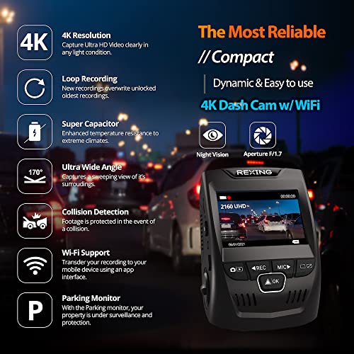 REXING V1 - 4K Ultra HD Car Dash Cam 2.4' LCD Screen, Wi-Fi, 170° Wide Angle Dashboard Camera Recorder with G-Sensor, WDR, Loop Recording, Supercapacitor, Mobile App, 256GB Supported