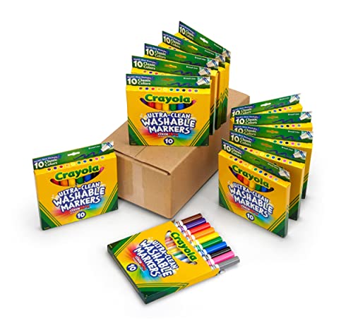 Crayola Ultra Clean Washable Markers (12 Pack), Bulk Markers for Kids, 10 Broad Line Markers, Classroom Supplies, Ages 4+