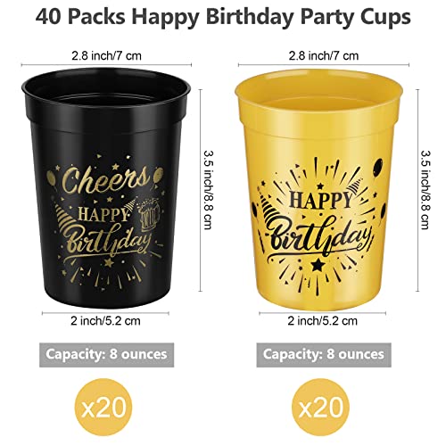 Shojoy 40 Pack Happy Birthday Party Cups Black and Gold Birthday Stadium Cups 8 Ounces Reusable Plastic Tumblers for Birthday Anniversary Party Supplies Decors