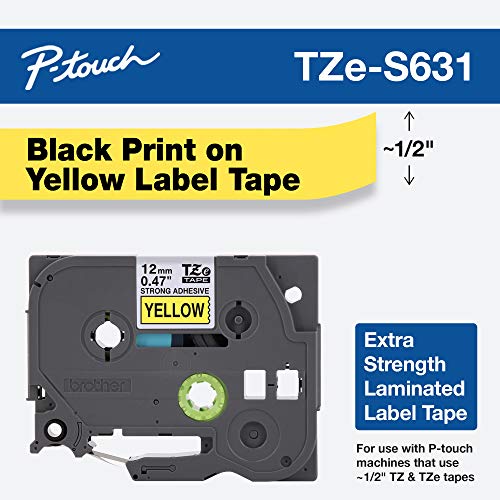 Brother Genuine P-touch TZE-S631 Tape, 1/2' (0.47') Wide Extra-Strength Adhesive Laminated Tape, Black on Yellow, Laminated for Indoor or Outdoor Use, Water-Resistant,0.47' x 26.2' (12mm x 8M),TZES631