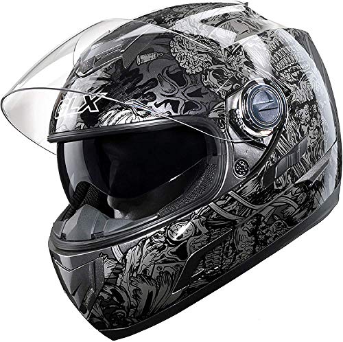 GLX GX15 Lightweight Full Face Motorcycle Street Bike Helmet with Internal Sun Visor DOT Approved (Silver Skull, Large)