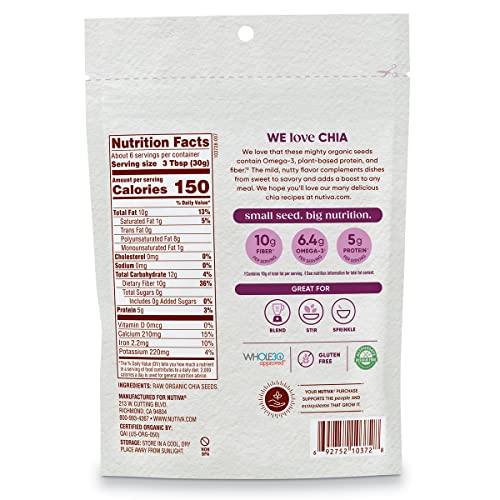 Nutiva Organic Premium Raw Black Chia Seeds, 6 Oz, USDA Organic, Non-GMO, Whole 30 Approved, Vegan, Gluten-Free and Keto, Nutrient-Dense Seeds with 3g Protein and 5g Fiber for Salads, Yogurt and Smoothies