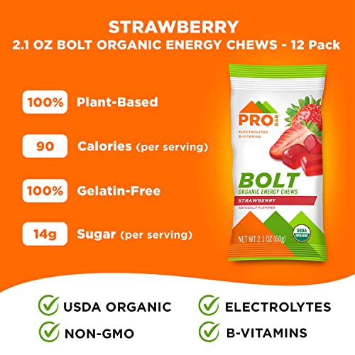 PROBAR - Bolt Organic Energy Chews, Strawberry, Non-GMO, Gluten-Free, USDA Certified Organic, Healthy, Natural Energy, Fast Fuel with Vitamins B and C (12 Count)