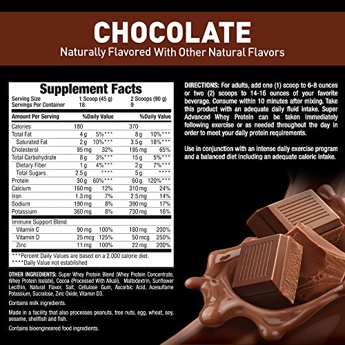 Body Fortress Super Advanced Whey Protein Powder, Chocolate, Immune Support (1), Vitamins C and D Plus Zinc, 1.78 lbs
