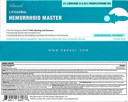 Ebanel Hemorrhoid Treatment Ointment, 1.6 Oz Lidocaine Anal Fissure Anesthetic Cream for Pain, Burning, Itching, Swelling, Bleeding with Phenylephrine, Hydrocortisone, Aloe, Chamomile, Vitamins