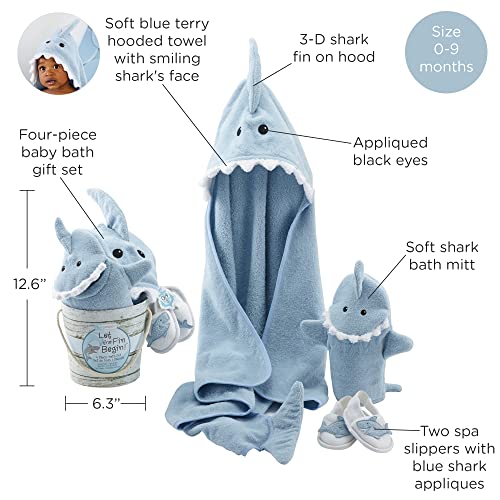 Baby Aspen Let The Fin Begin 4 Pc Bath Time Gift Set, Baby Shark Hooded Towel, Newborn, 0-9 Months, Blue