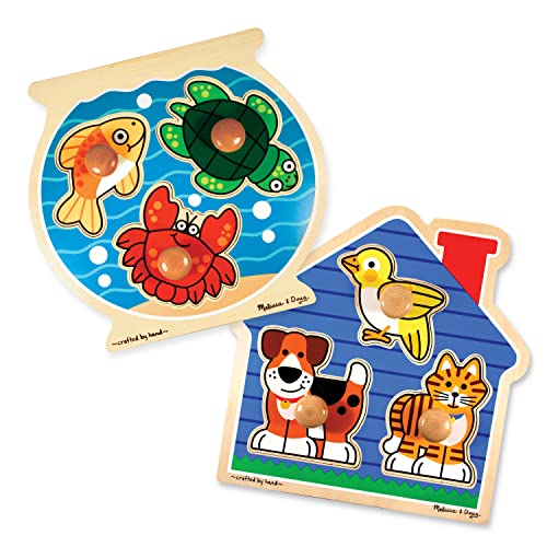Melissa and Doug Animals Jumbo Knob Wooden Puzzles Set - Fish and Pets - Chunky Wooden Puzzles for Toddlers, Animal Puzzles For Kids Ages 1+