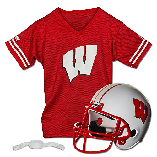 Franklin Sports Wisconsin Badgers Kids College Football Uniform Set - NCAA Youth Football Uniform Costume - Helmet, Jersey, Chinstrap Set - One Size
