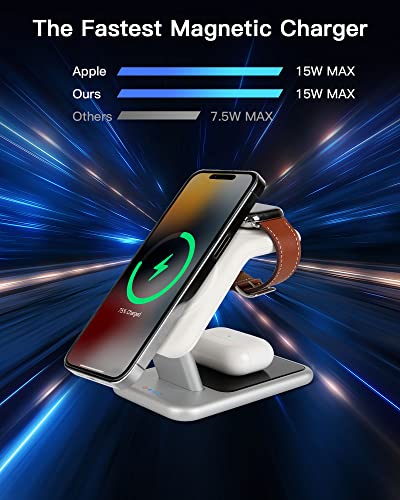 3-in-1 Wireless Charging Station, 18W Fast Mag-Safe Charger Stand for iPhone 14, 13 and 12 Series - Apple Watch and AirPods, Magnetic Wireless Charging Station for Multiple Devices with Adapter and LED