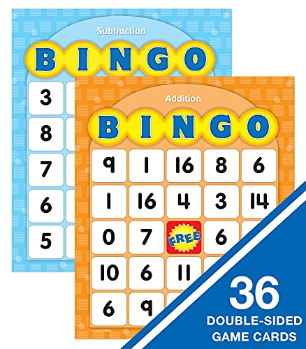 Carson Dellosa Addition and Subtraction Bingo Board Games—Kids Bingo Games With 36 Double-Sided Game Cards, Bingo Chips, 100 Calling Cards, Answer Mat, 3-36 players, Ages 5+