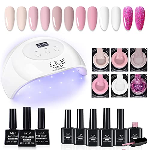 LKE Gel Nail Polish Kit with U V Light Starter Kit, 72W LED UV Nail Lamp with 6 Colors Nude Pink White Gel Nail Polish Set with Gel Top and Base Coat Nail Art DIY Manicure Gel Nail Kit Gifts for Women