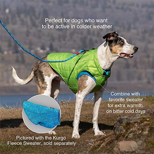 Kurgo Loft Dog Jacket - Reversible Fleece Winter Coat - Cold Weather Protection - Wear With Harness Or Additional Layers - Reflective Accents, Leash Access, Water Resistant - Coastal Blue/Orange, XS