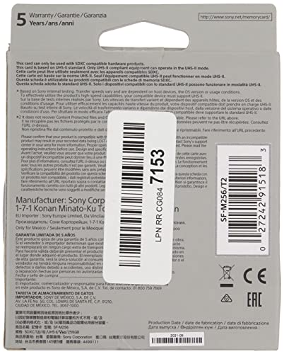 Sony M series SDXC UHS-II Card 256GB, V60, CL10, U3, Max R277MB/S, W150MB/S (SF-M256/T2)