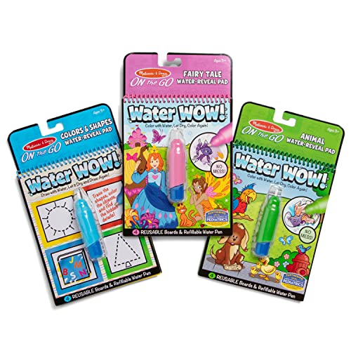 Melissa and Doug On the Go Water Wow! Reusable Water-Reveal Activity Pads, 3-pk, Colors and Shapes, Fairy Tales, Animals - Travel Toys, Stocking Stuffers, Mess Free Coloring For Kids Ages 3+