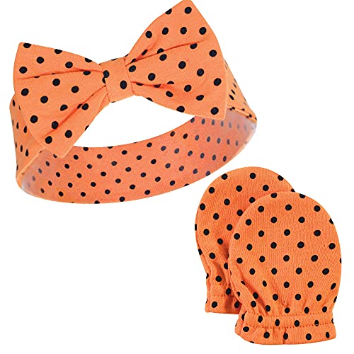 Hudson Baby Infant Girl Cotton Headband and Scratch Mitten Set Halloween Dots, 0-6 Months