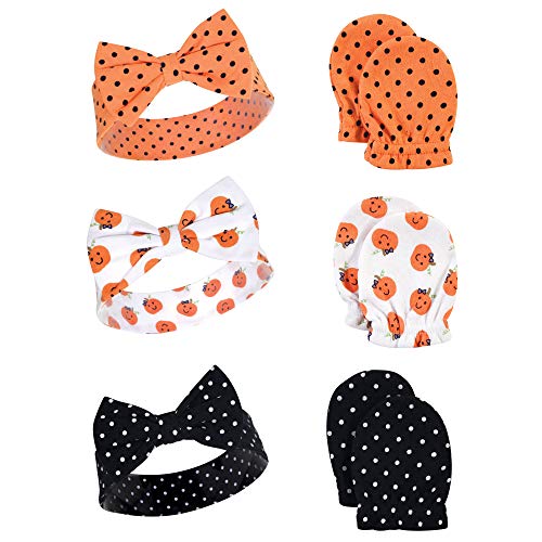 Hudson Baby Infant Girl Cotton Headband and Scratch Mitten Set Halloween Dots, 0-6 Months