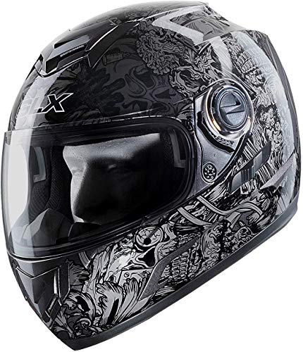 GLX GX15 Lightweight Full Face Motorcycle Street Bike Helmet with Internal Sun Visor DOT Approved (Silver Skull, Large)