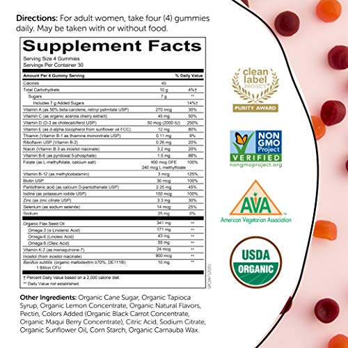 SmartyPants Organic Womens Multivitamin, Daily Gummy Vitamins: Biotin, Probiotics, Vitamin C, D3, B12, Omega 3, and Zinc for Immune Support, Energy, and Hair Skin and Nails, 120 Gummies, 30 Day Supply