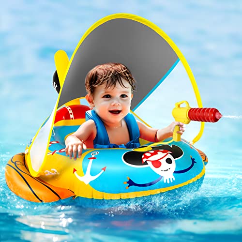 2X Thicken Pool Floats Kids with Water Gun, UPF50+ Adjustable Canopy Inflatable Pirate Boat Shaped Toddler Pool Float with Safety Seat, Durable Pool Toys for Kids Ages 2-10 for Boys and Girls