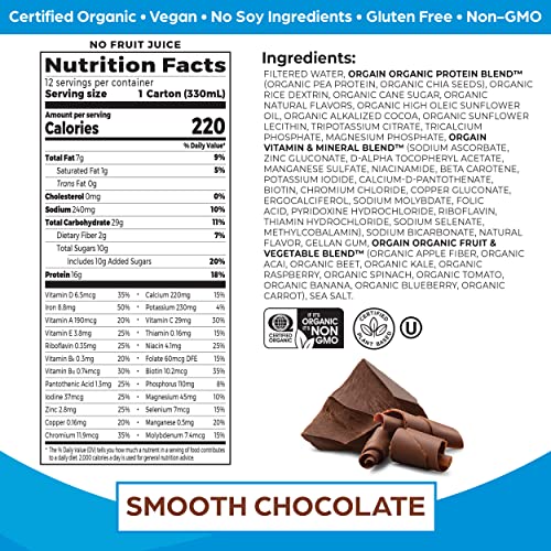 Orgain Organic Vegan Plant Based Nutritional Shake, Smooth Chocolate - Meal Replacement, 16g Protein, 22 Vitamins and Minerals, Dairy Free, Gluten Free, Packaging May Vary, 11 Fl Oz (Pack of 12)