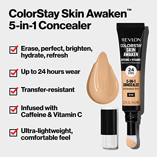 Revlon ColorStay Skin Awaken 5-in-1 Concealer, Lightweight, Creamy Longlasting Face Makeup with Caffeine and Vitamin C, For Imperfections, Dark Circles and Redness, 003 Cool Ivory, 0.27 fl oz