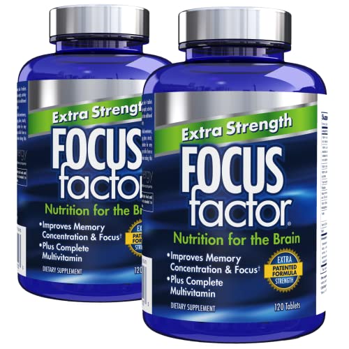 Focus Factor Adults Extra Strength, 120 Count- Brain Supplement for Memory, Concentration, Focus - DMAE, Vitamin D, DHA- Brain Health Supplement – Trusted Formula- Brain Vitamins, Focus Pills (2 pk)
