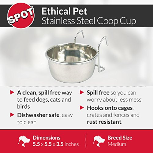 Ethical Pet Stainless Steel Coop Cup, Perfect Bowls for Cages and crates 20-Ounce pet Food Bowl. for Birds, Dogs, Cats, and Reptiles. (6011)