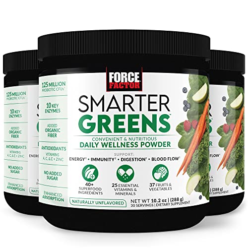 Force Factor Smarter Greens Daily Wellness Powder 3-Pack to Support Energy, Immunity and Digestion, Greens Powder, Superfood Powder with Vitamins, Minerals and Probiotics, Unflavored, 90 Servings