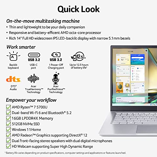 Acer Swift 3 SF314-43-R6NE Laptop | 14' Full HD IPS | AMD Ryzen 7 5700U Octa-Core Processor | AMD Radeon Graphics | 16GB LPDDR4X | 512GB SSD | Wi-Fi 6 | Fingerprint Reader | Backlit KB | Windows 11