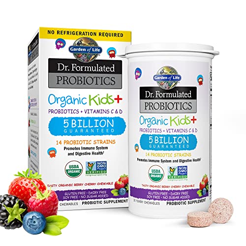Garden of Life Dr. Formulated Probiotics Organic Kids+ Plus Vitamin C and D - Berry Cherry - Gluten, Dairy and Soy Free Immune and Digestive Health Supplement, No Added Sugar, 30 Chewables (Shelf Stable)