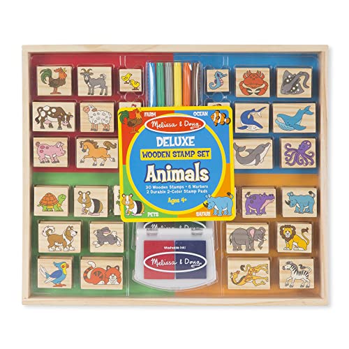 Melissa and Doug Deluxe Wooden Stamp Set: Animals - 30 Stamps, 6 Markers, 2 Stamp Pads - Kids Art Projects, With Washable Ink, Wooden Animal Stamps For Ages 4+