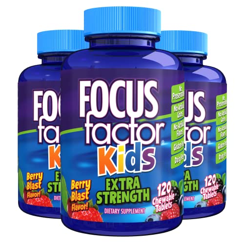 Focus Factor Kids Extra Strength Daily Chewable for Brain Health Support, 120 Count – Vitamins for Kids - Quality Formula – Gluten and Dairy Free Supplements for Children (3 Pack)