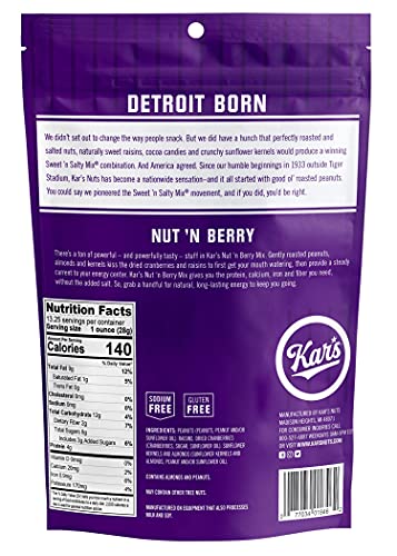 Kar’s Nuts Nut ‘N Berry Trail Mix, 13.25 oz Individual Snack Packs - Pack of 6 - No Salt Added Snack Mix for Long-Lasting Energy