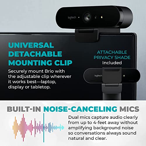 YandR Bundles Logitech Brio 4K HD Webcam with Microphone for Desktop with Tripod and Universal Mount - Logitech Webcam USB Computer Camera - Ultra Pro Wide Angle Webcam Streaming for Meetings and Gaming