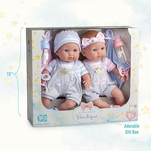 Berenguer Boutique 30050 TWINS- 15” Soft Body Baby Dolls - 12 Piece Gift Set with Open/Close Eyes- Perfect for Children 2+