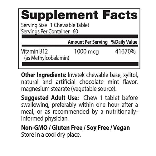 Doctor's Best Chewable Fully Active B12 Chocolate Mint Flavor, Memory, Mood, Circulation and Well-Being, 1,000mcg, 60 Tablets