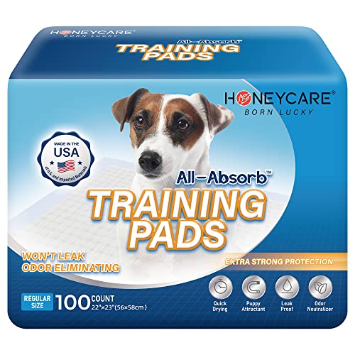 HONEY CARE All-Absorb, Large 22' x 23', 100 Count, Dog and Puppy Training Pads, Ultra Absorbent and Odor Eliminating, Leak-Proof 5-Layer Potty Training Pads with Quick-Dry Surface, Blue, A01